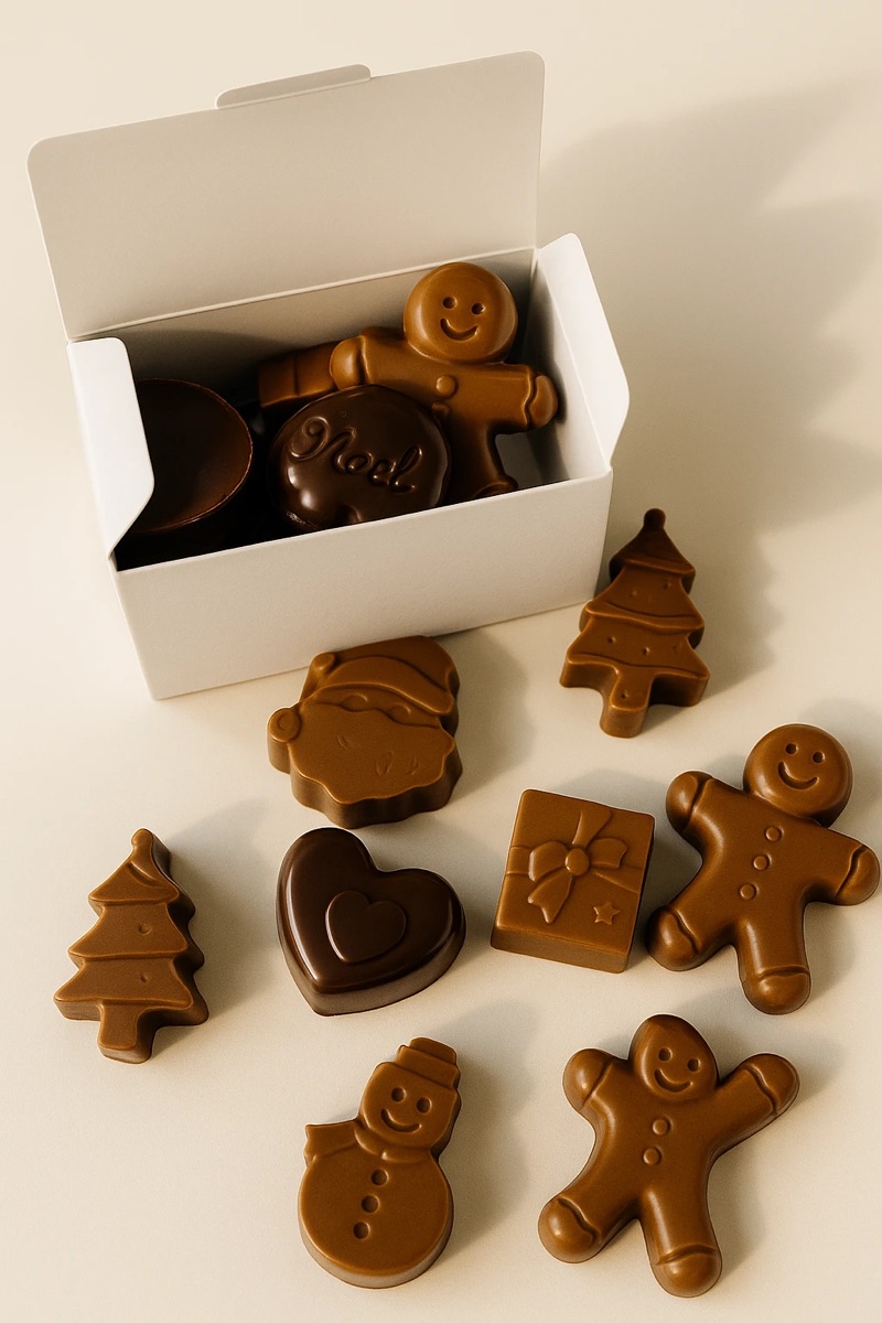 Chocolats de Noël en forme de sapin, de bonhomme de neige et de bonhomme en pain d'épices, près d'une boîte blanche